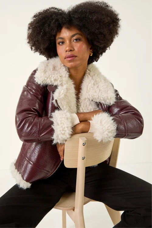 Roman Burgundy Contrast Faux Leather Aviator Coat - 18 Image 2