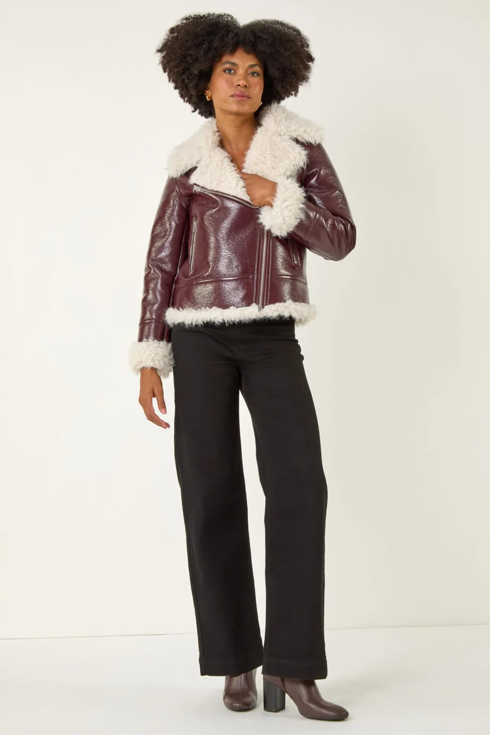 Roman Burgundy Contrast Faux Leather Aviator Coat - 18 Image 3