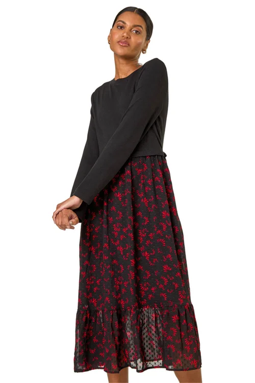 Roman Black Contrast Print Mesh Skirt Midi Dress - 18 Image 1