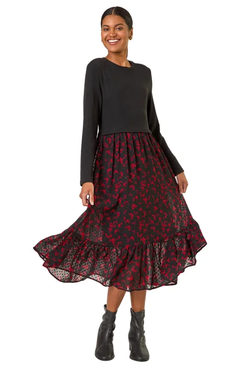 Roman Black Contrast Print Mesh Skirt Midi Dress - 18 Image 2