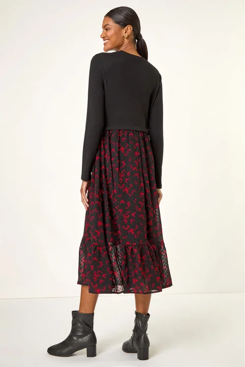 Roman Black Contrast Print Mesh Skirt Midi Dress - 18 Image 3