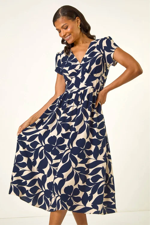 Roman Navy Leaf Print V-Neck Midi Dress - 12 Image 1