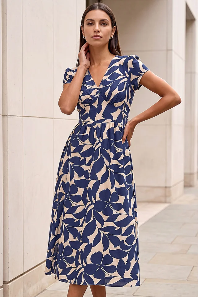 Roman Navy Leaf Print V-Neck Midi Dress