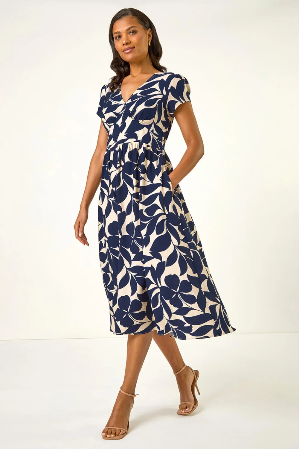 Roman Navy Leaf Print V-Neck Midi Dress - 12 Image 2