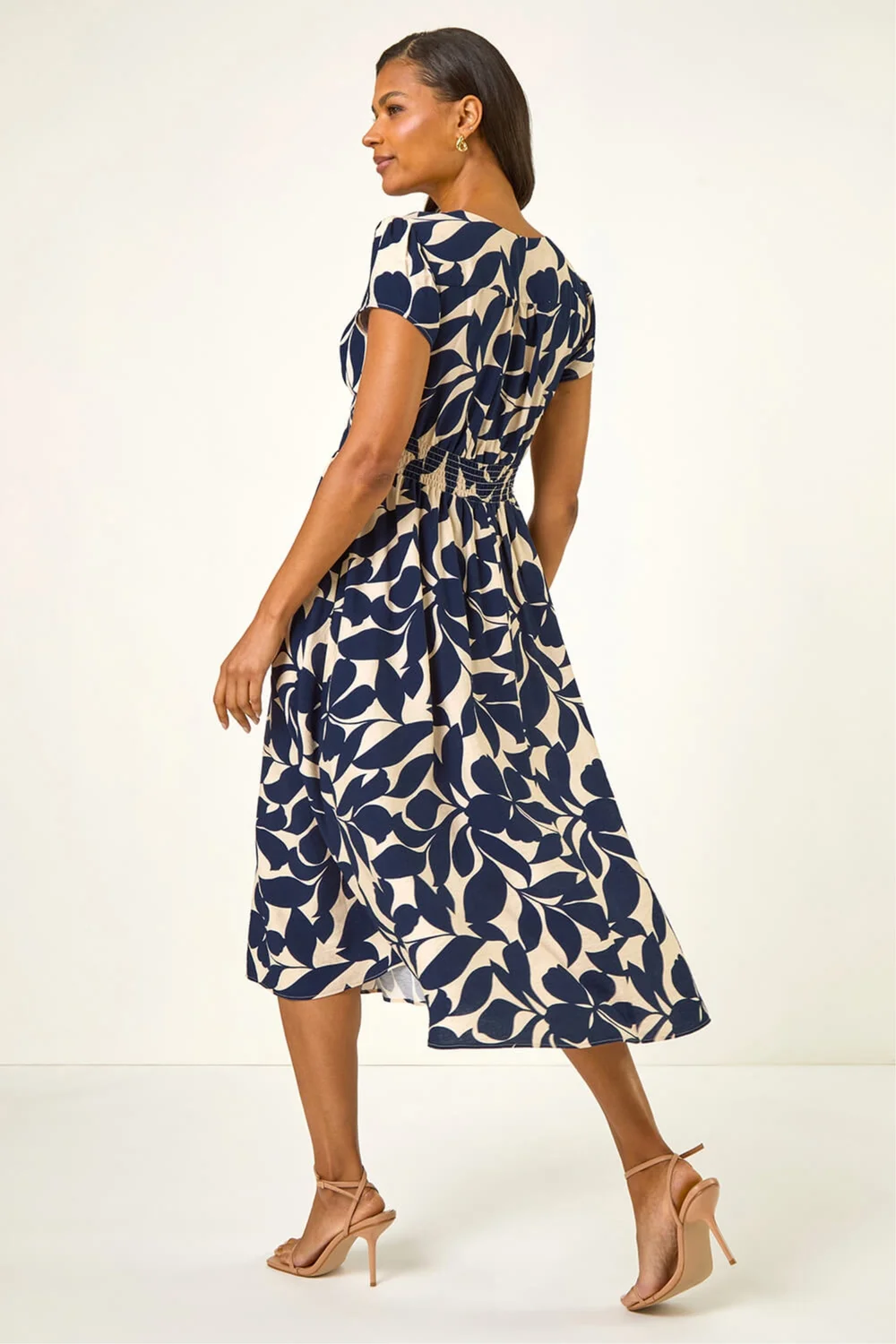 Roman Navy Leaf Print V-Neck Midi Dress - 12 Image 3