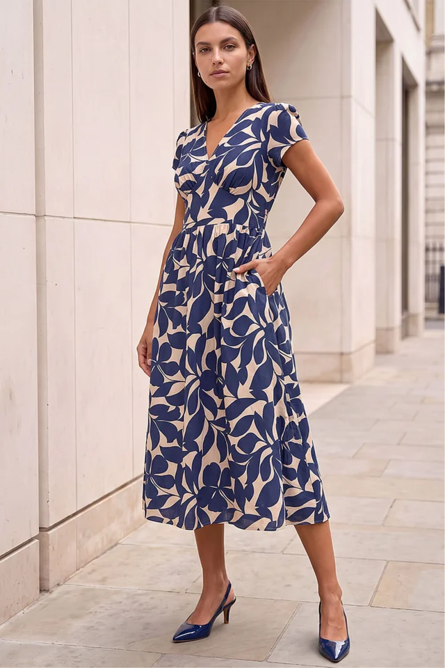 Roman Navy Leaf Print V-Neck Midi Dress