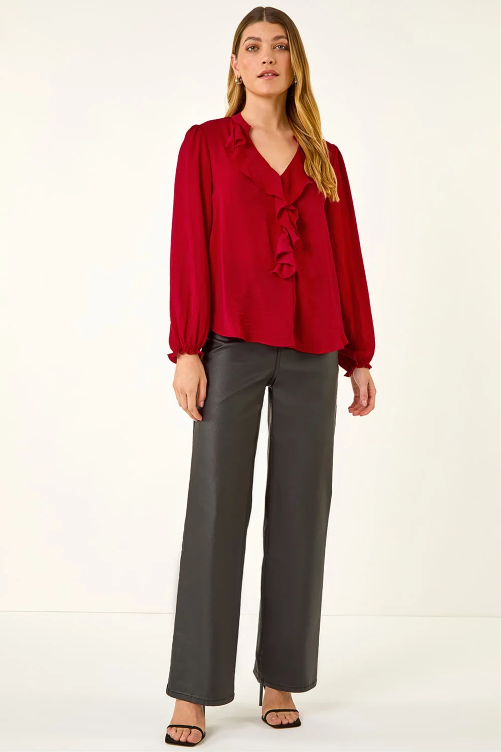 Roman Red Satin Ruffle Neck Blouse - 10 Image 2