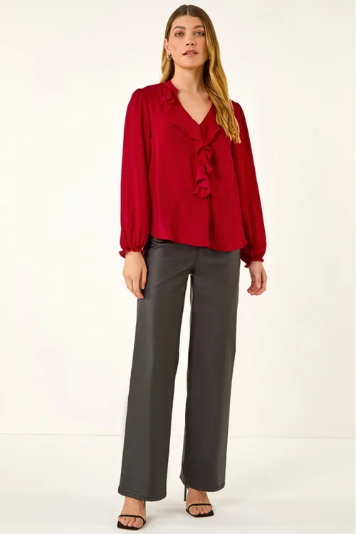 Roman Red Satin Ruffle Neck Blouse - 10 Image 2