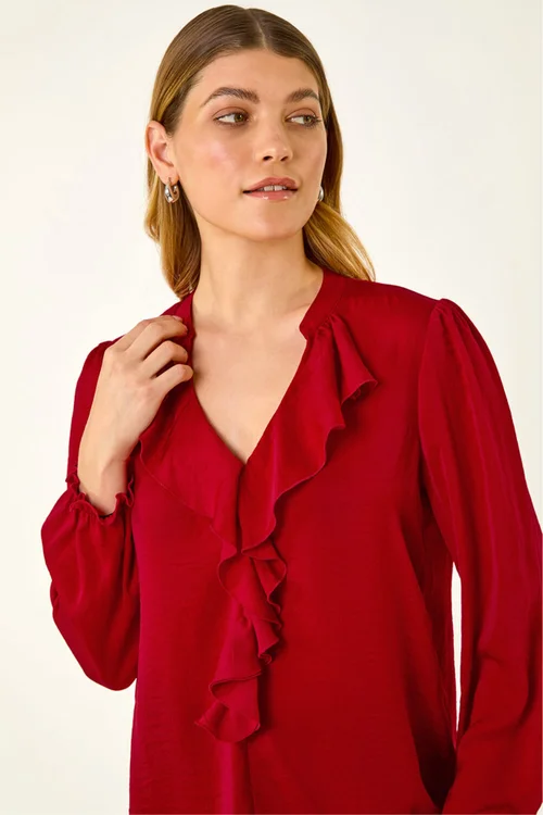 Roman Red Satin Ruffle Neck Blouse - 10 Image 1