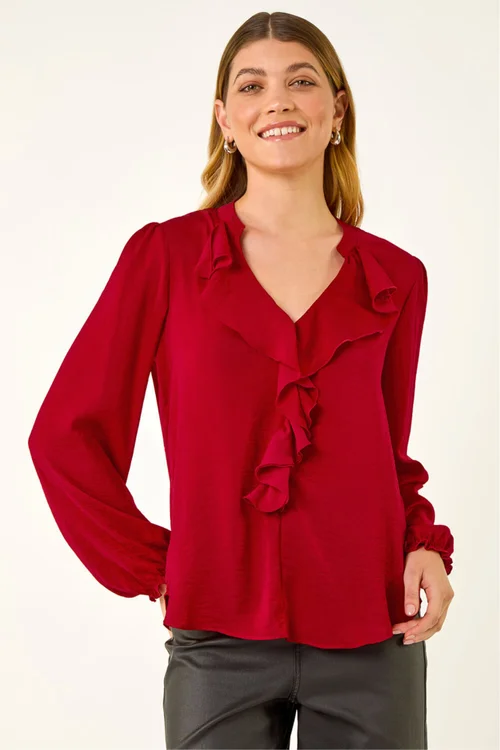 Roman Red Satin Ruffle Neck Blouse - 10 Image 4