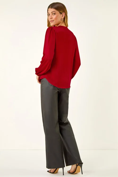 Roman Red Satin Ruffle Neck Blouse - 10 Image 3