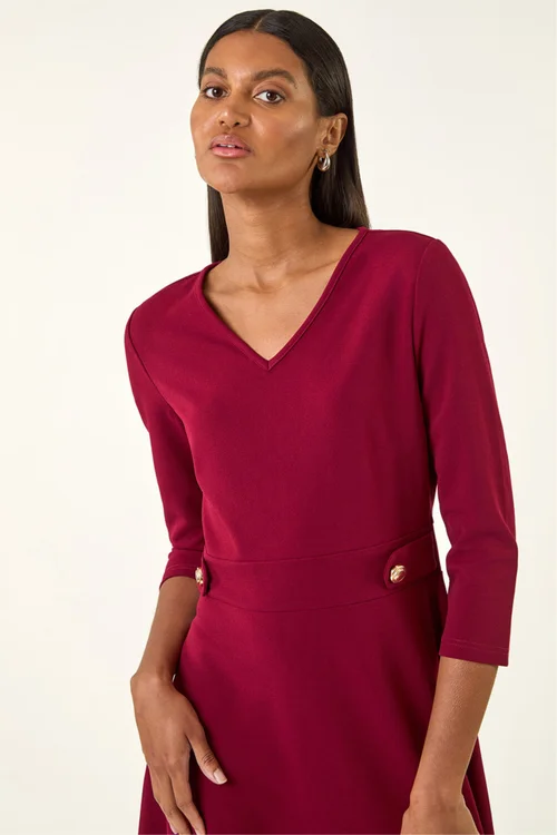 Roman Wine V-Neck Buttoned Stretch Dress - 18 Image 4