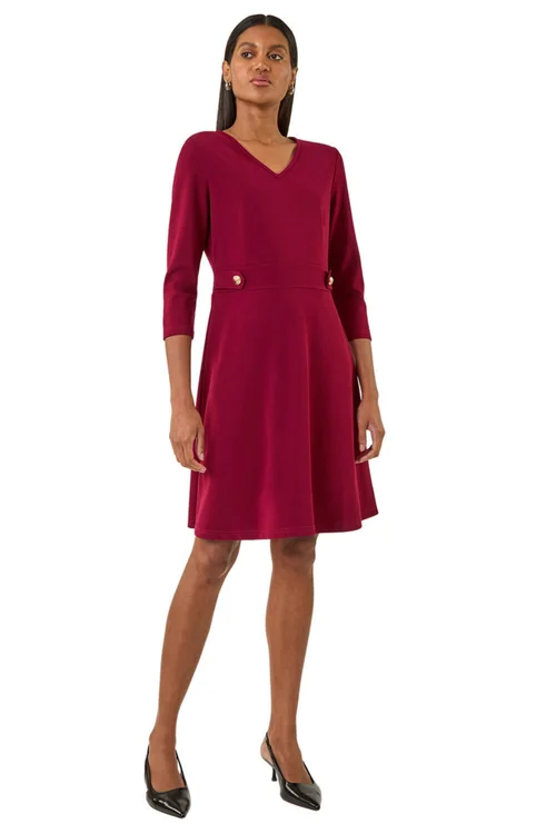Roman Wine V-Neck Buttoned Stretch Dress - 18 Image 2