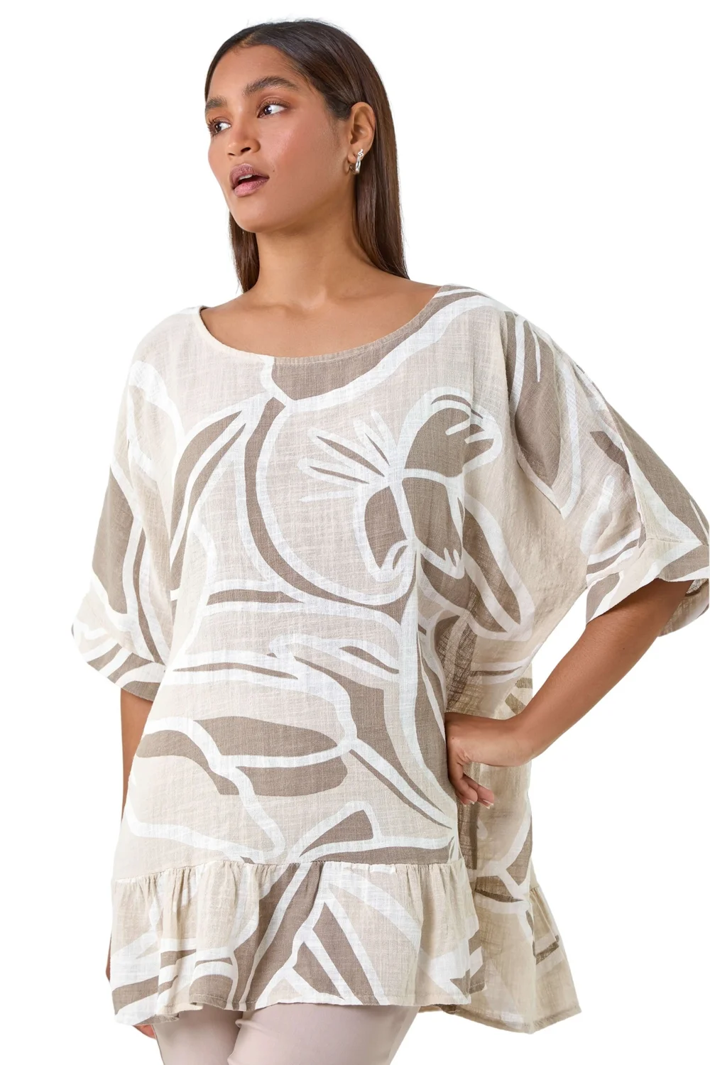 Roman Taupe Cotton Oversized Leaf Tunic Top - Medium Image 1