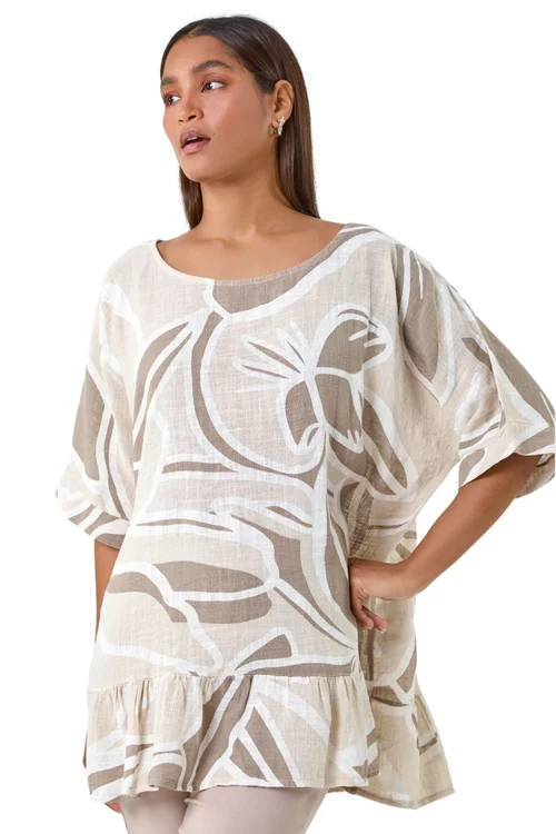 Roman Taupe Cotton Oversized Leaf Tunic Top - Medium Image 1