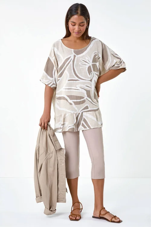 Roman Taupe Cotton Oversized Leaf Tunic Top - Medium Image 3