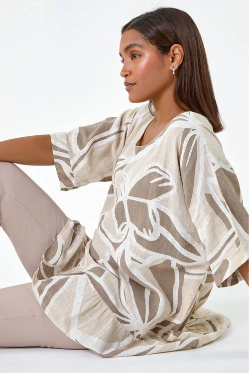 Roman Taupe Cotton Oversized Leaf Tunic Top - Medium Image 2