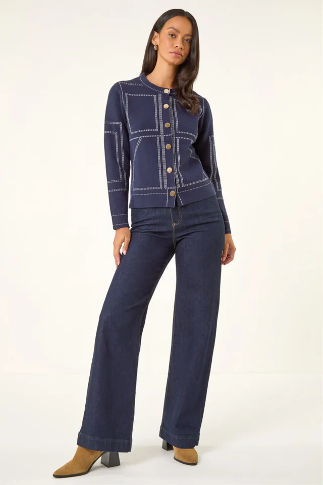 Dusk Navy Contrast Stitch Knitted Jacket