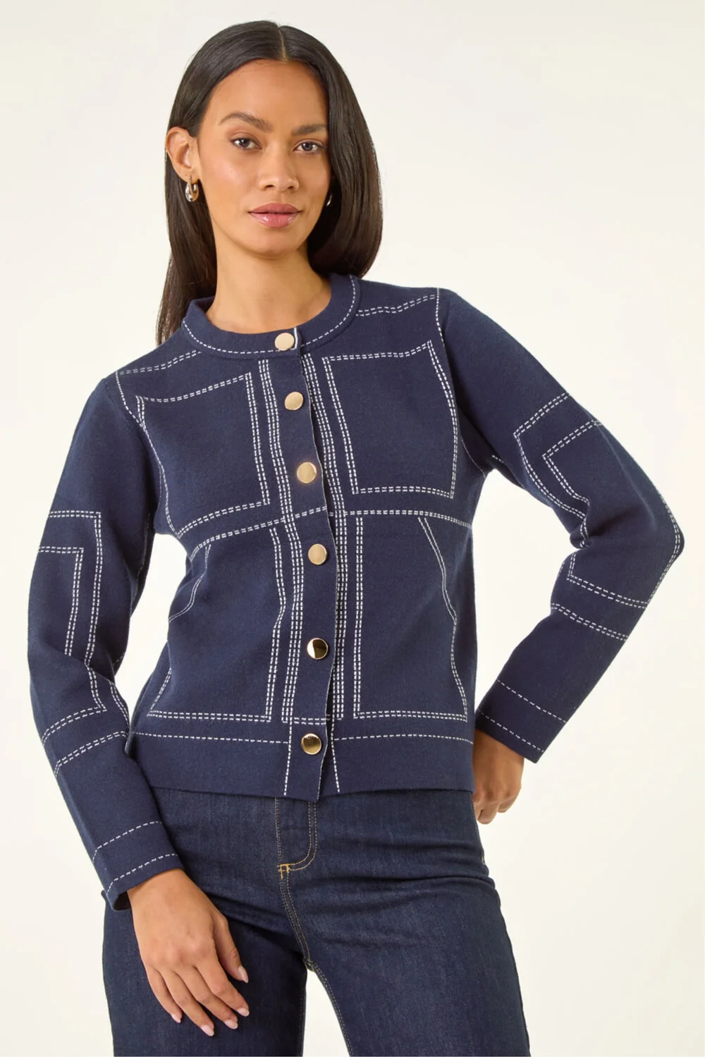Dusk Navy Contrast Stitch Knitted Jacket - 18 Image 4