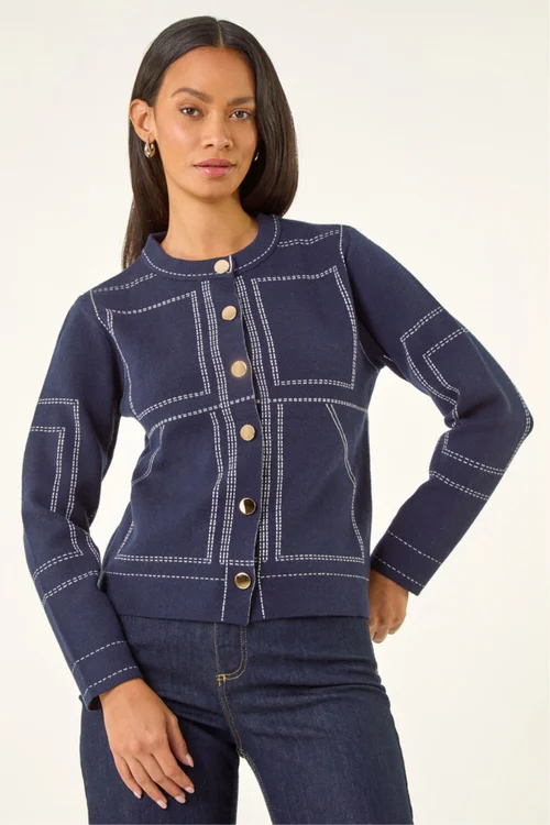 Dusk Navy Contrast Stitch Knitted Jacket - 18 Image 4