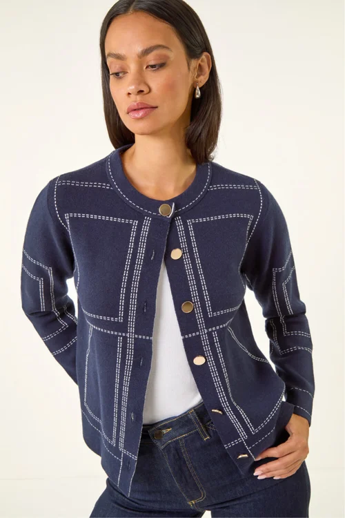 Dusk Navy Contrast Stitch Knitted Jacket - 18 Image 1