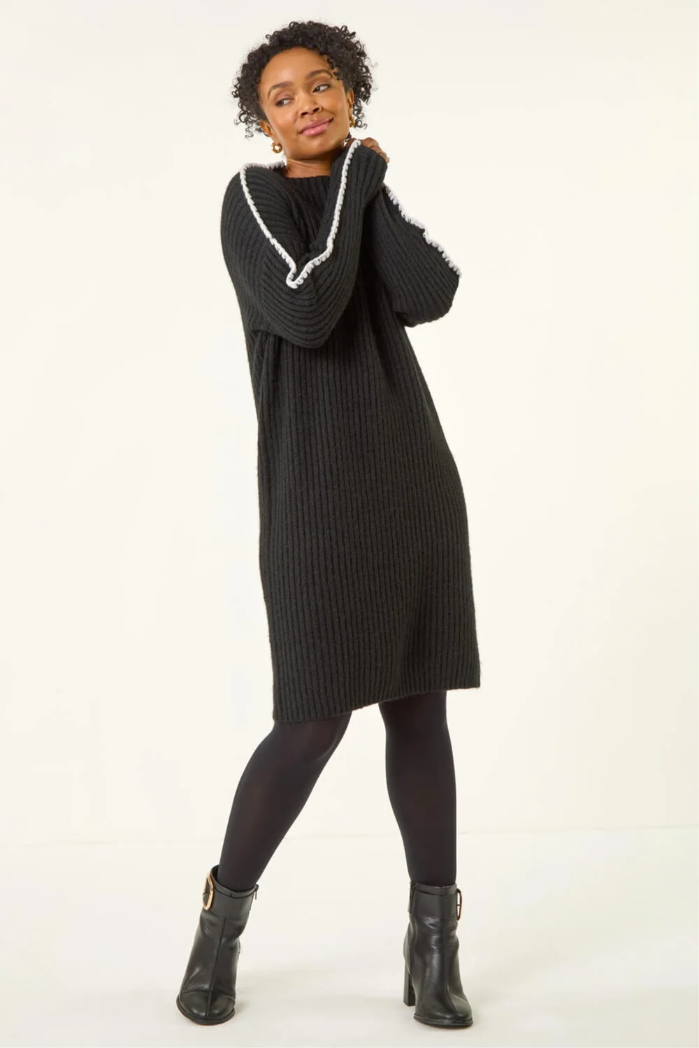 Roman Black Petite Ribbed Knitted Dress - 18 Image 2
