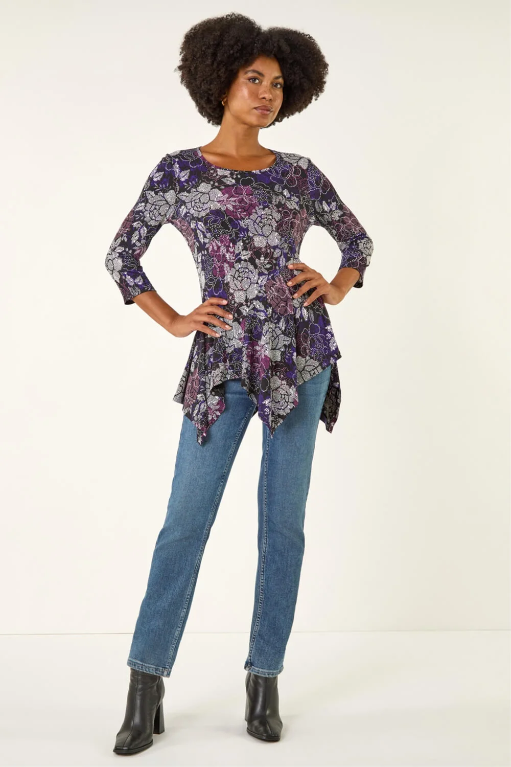 Roman Purple Floral Puff Print Hanky Hem Top - 10 Image 2