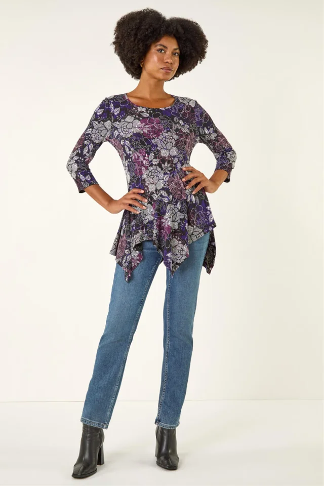 Roman Purple Floral Puff Print Hanky Hem Top