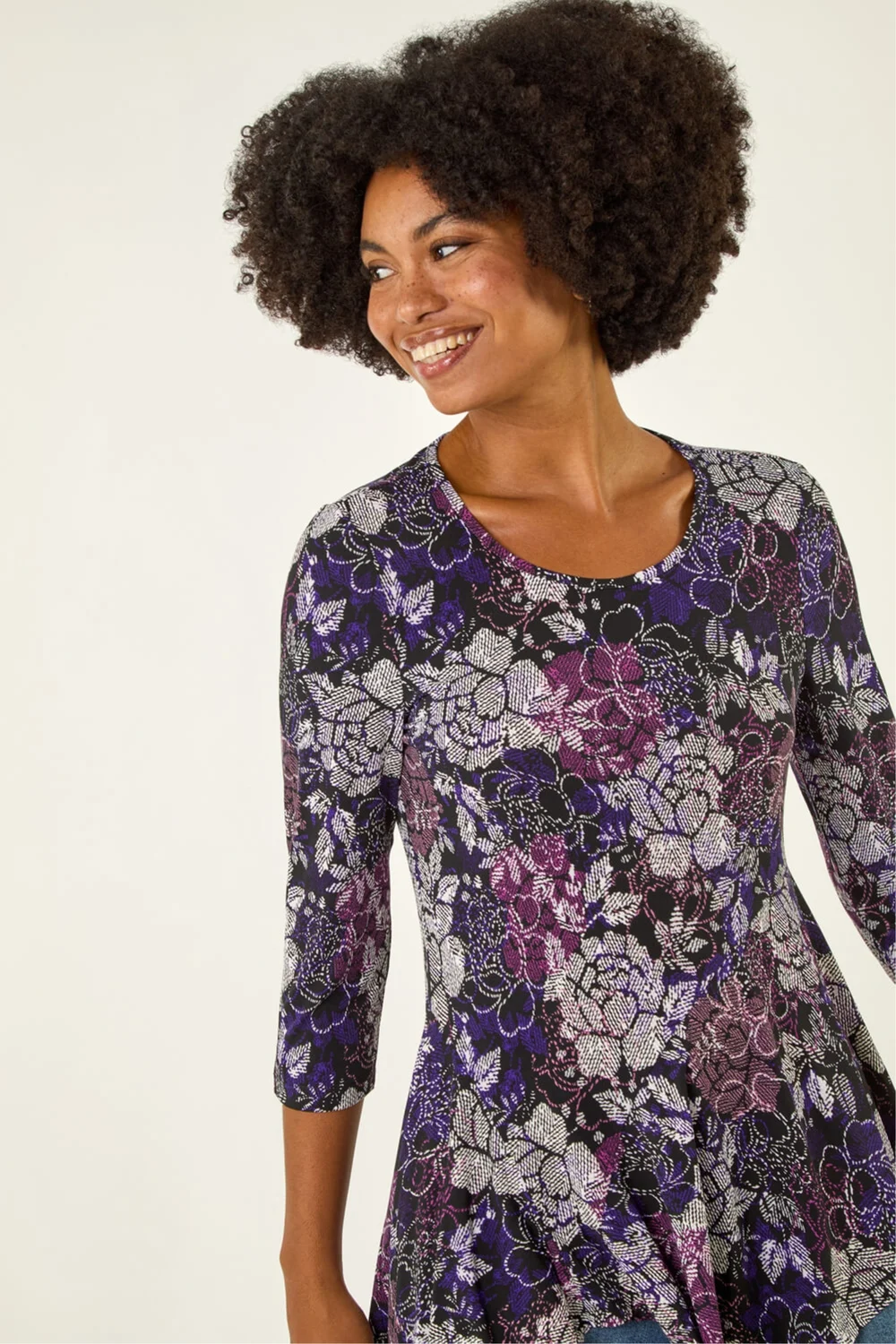 Roman Purple Floral Puff Print Hanky Hem Top - 10 Image 4