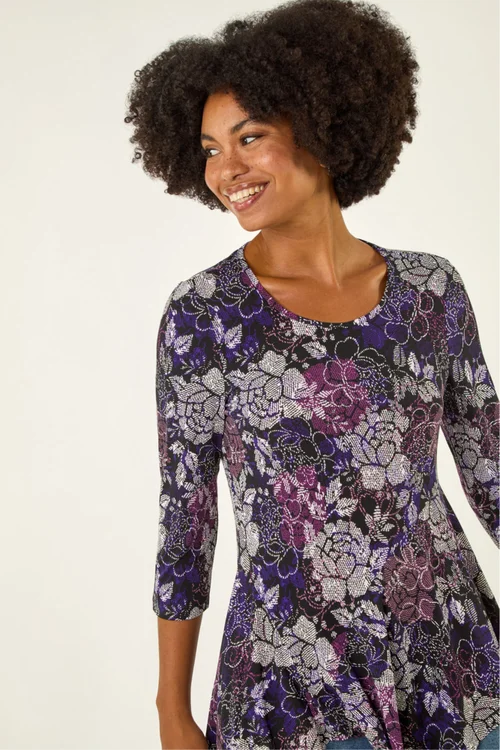 Roman Purple Floral Puff Print Hanky Hem Top - 10 Image 4
