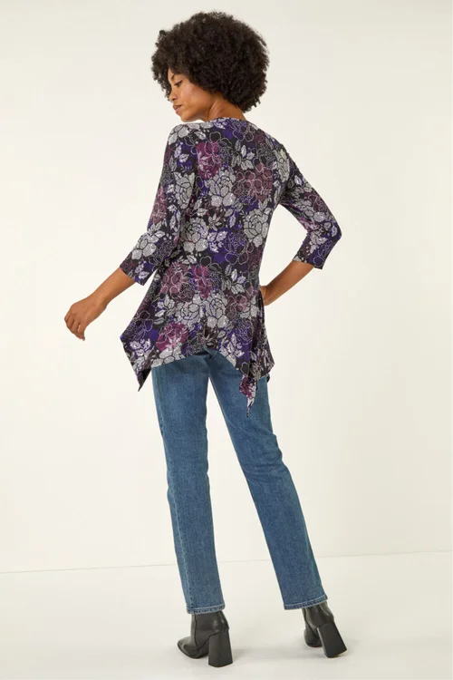 Roman Purple Floral Puff Print Hanky Hem Top - 10 Image 3