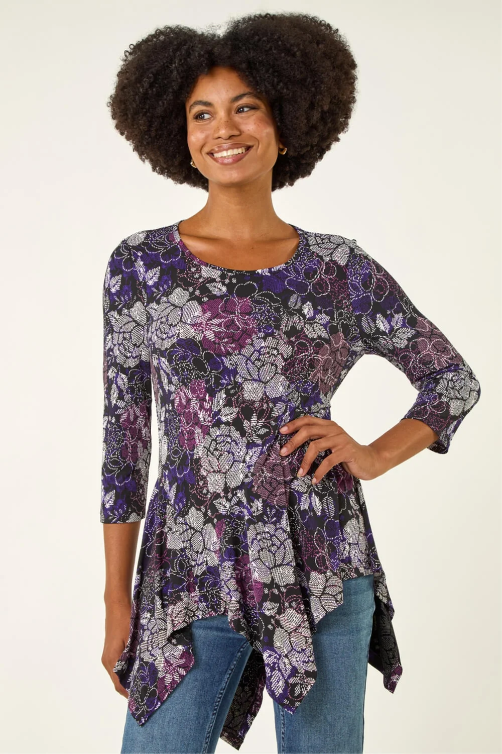 Roman Purple Floral Puff Print Hanky Hem Top - 10 Image 1