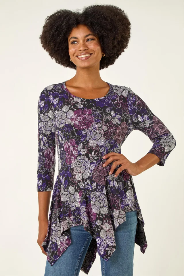 Roman Purple Floral Puff Print Hanky Hem Top