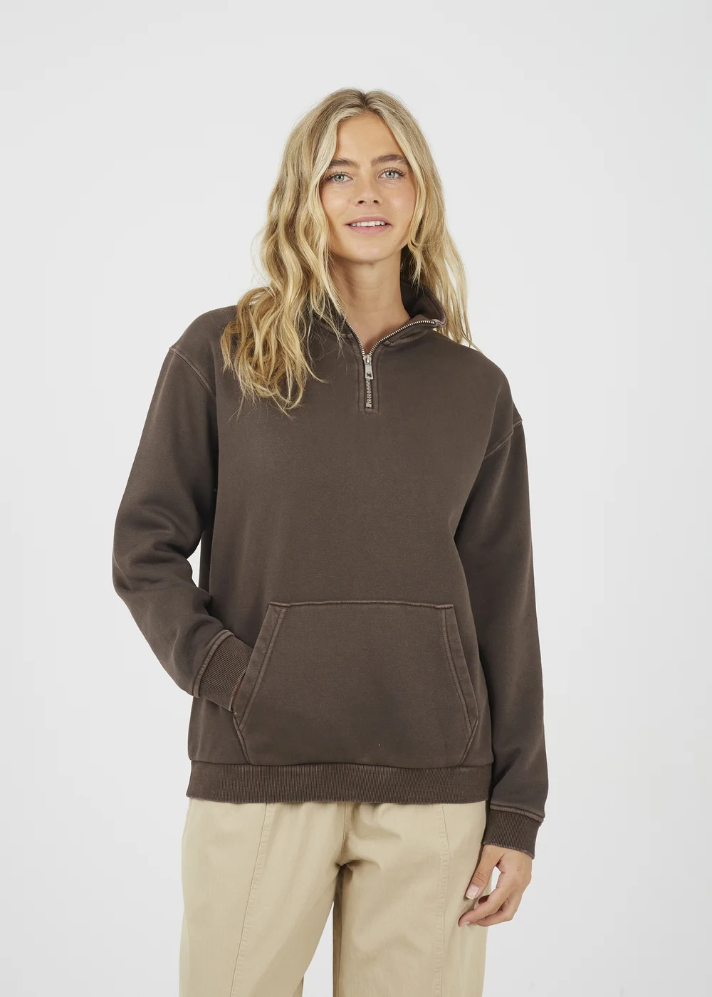 Brave Soul Brown Quarter Zip Funnel Neck Sweatshirt - Extra small Image 1