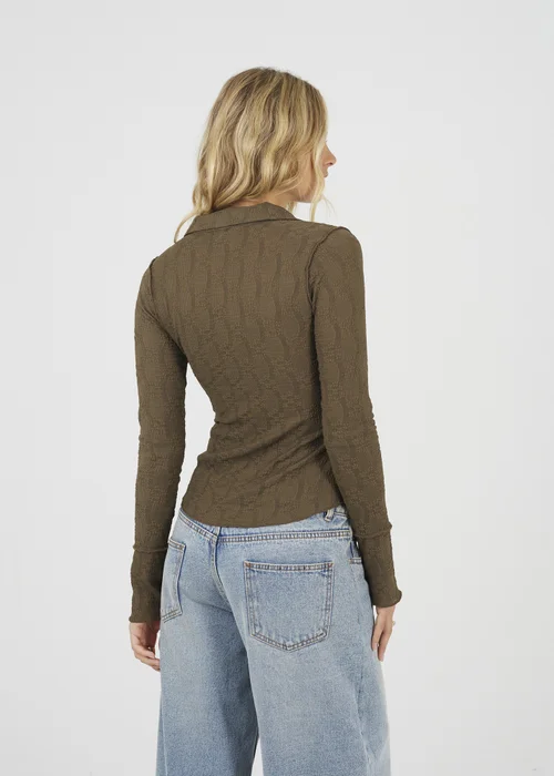 Brave Soul Brown Long Sleeve Collared Textured Jersey Top - Large Image 2