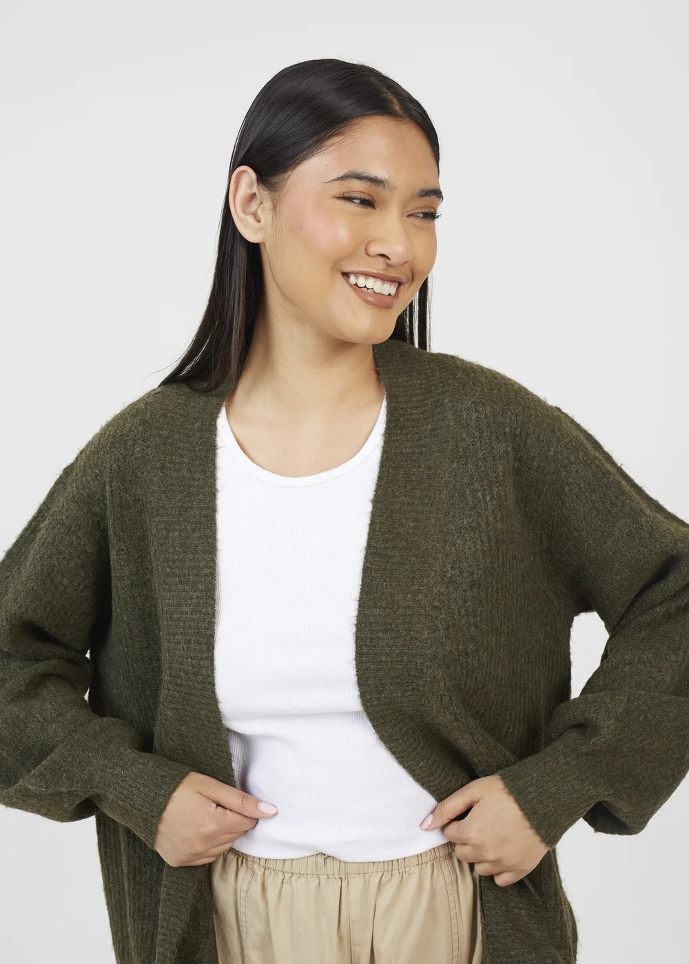 Brave Soul Khaki Fisherman Knit Dropped Shoulder Cardigan - S Image 3