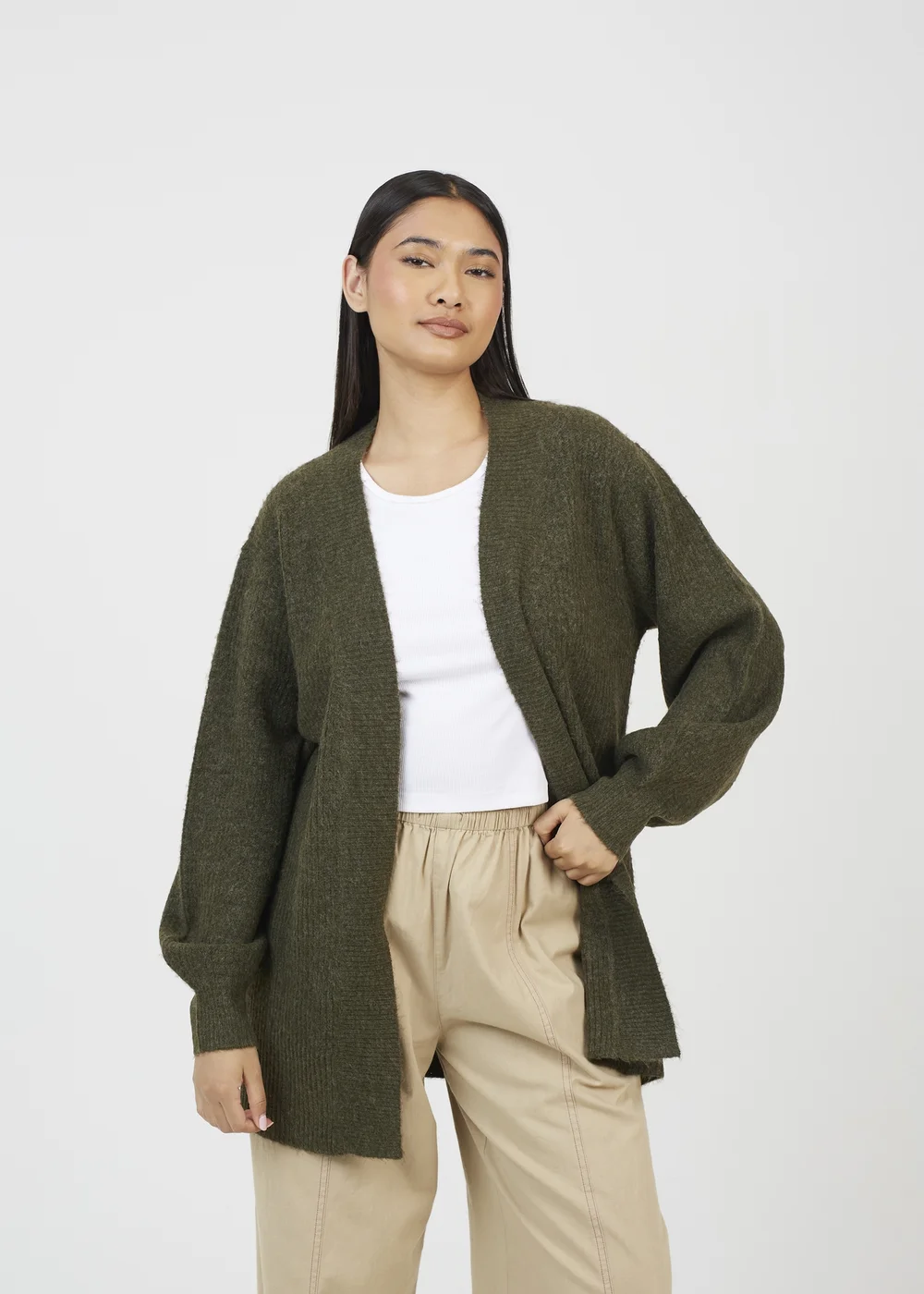Brave Soul Khaki Fisherman Knit Dropped Shoulder Cardigan - S Image 1