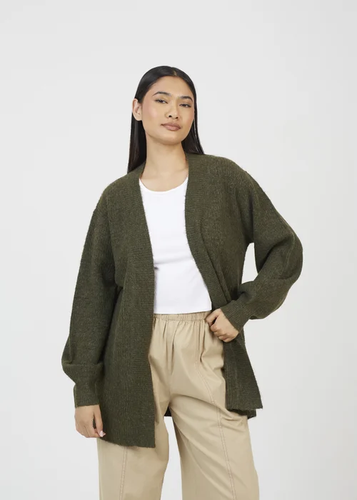 Brave Soul Khaki Fisherman Knit Dropped Shoulder Cardigan - S Image 1