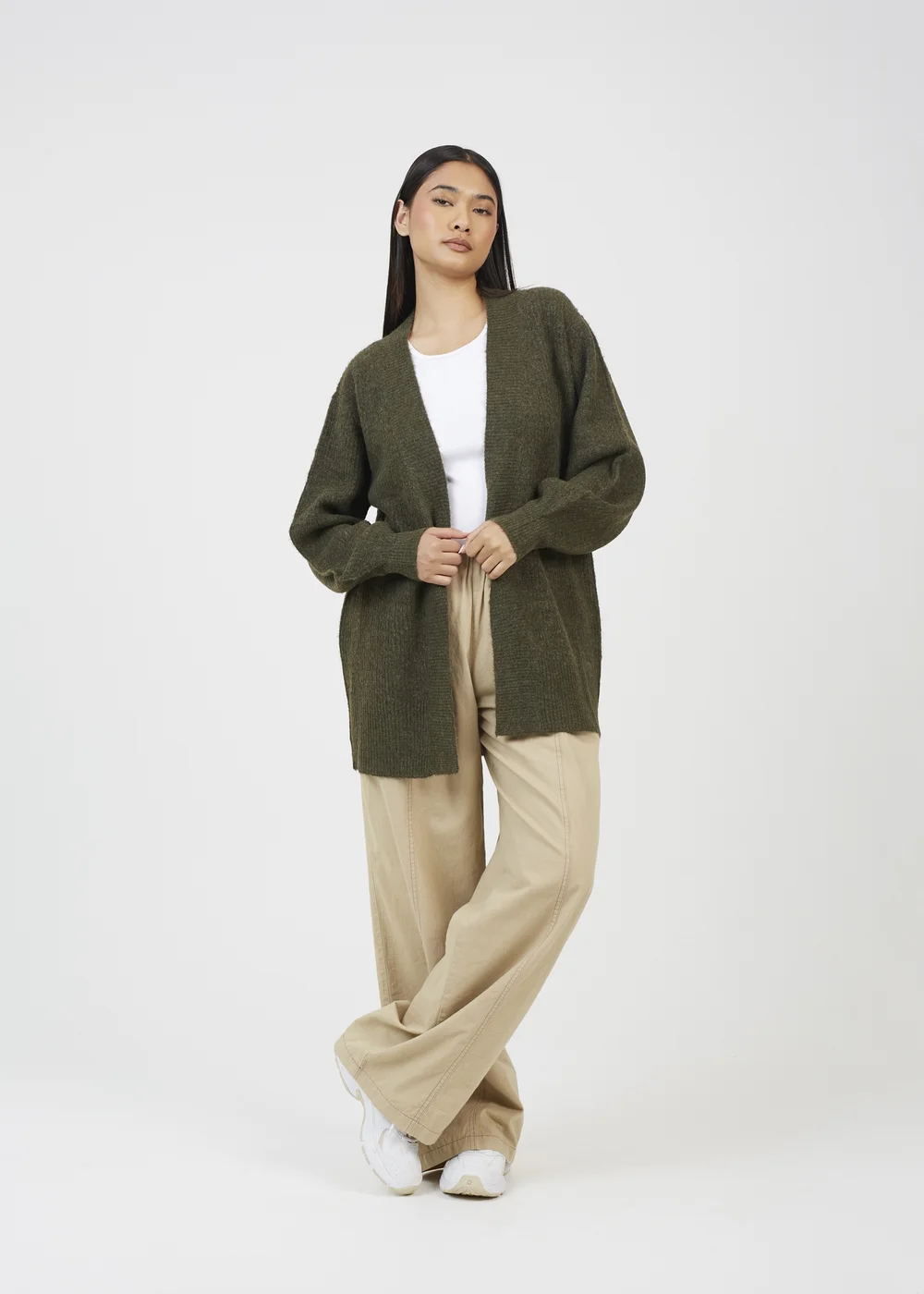 Brave Soul Khaki Fisherman Knit Dropped Shoulder Cardigan - S Image 4