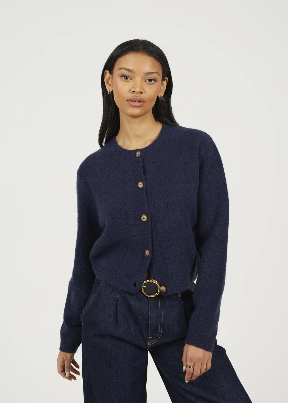Brave Soul Navy Round Neck Jersey Knit Cardigan - L Image 1