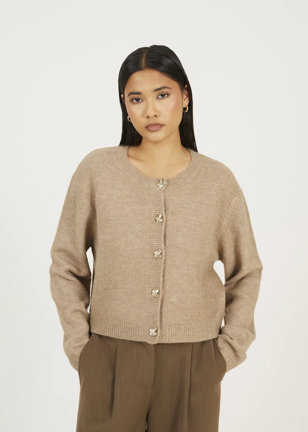 Brave Soul Taupe Round Neck Jersey Knit Cardigan - S Image 1