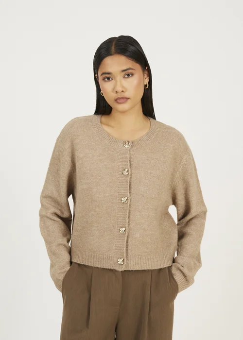 Brave Soul Taupe Round Neck Jersey Knit Cardigan - S Image 1