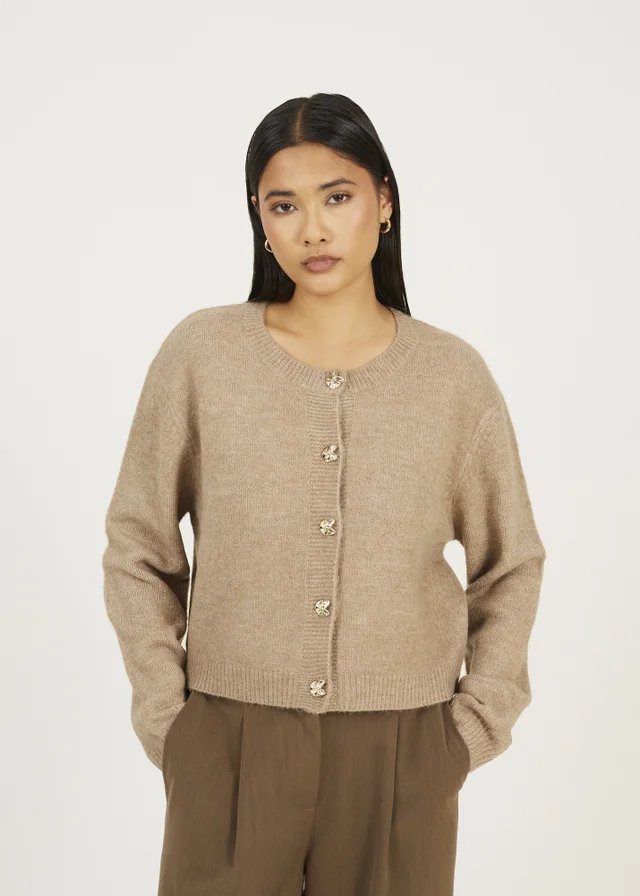 Brave Soul Taupe Round Neck Jersey Knit Cardigan