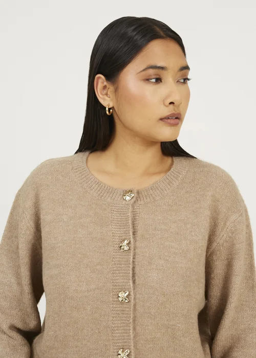 Brave Soul Taupe Round Neck Jersey Knit Cardigan - S Image 3