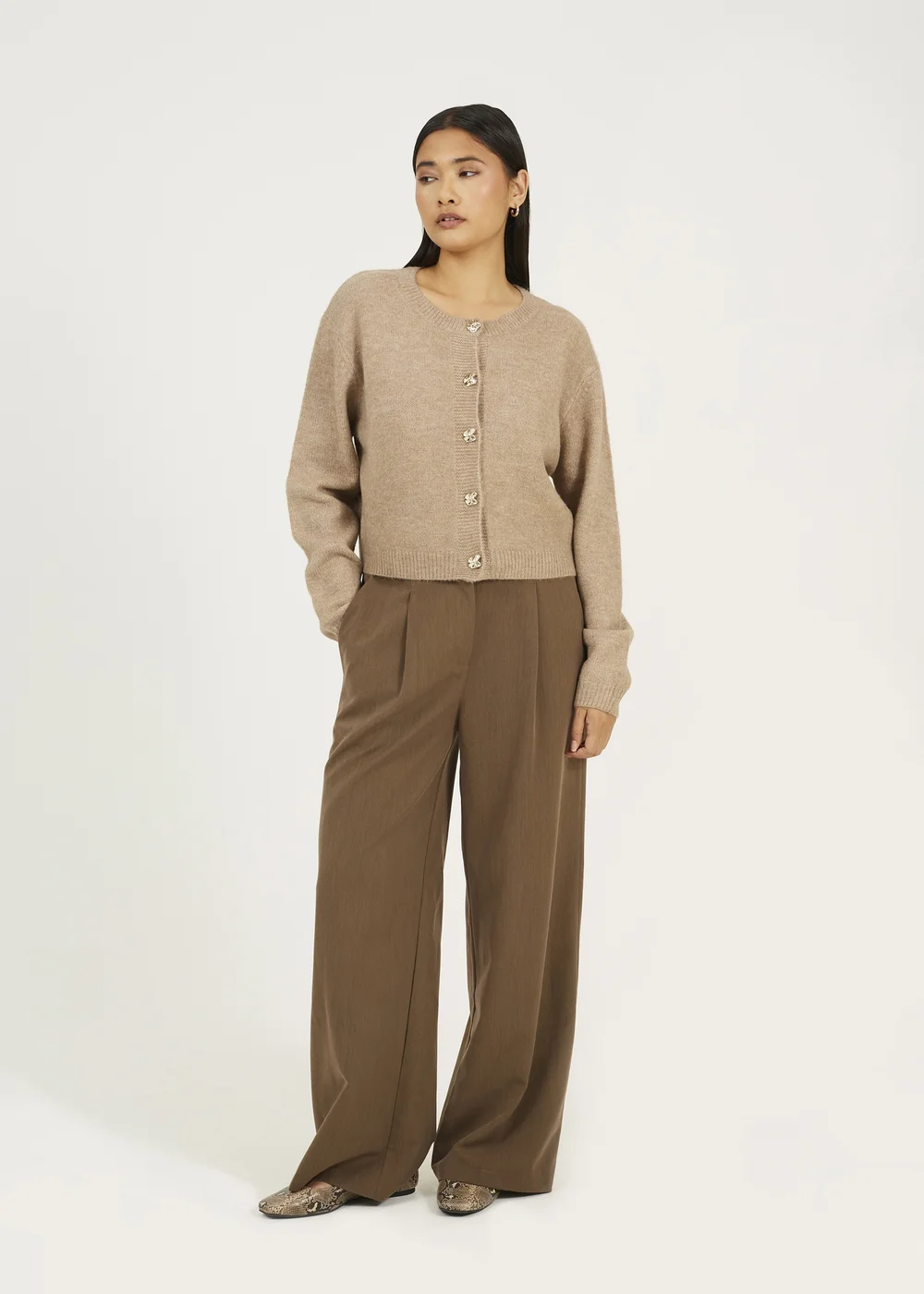 Brave Soul Taupe Round Neck Jersey Knit Cardigan - S Image 4