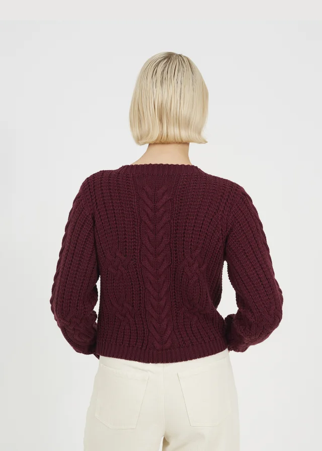 Brave Soul Burgundy Crew Neck Cable Knit Jumper