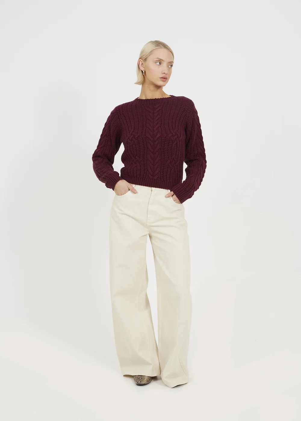 Brave Soul Burgundy Crew Neck Cable Knit Jumper - XS Image 4
