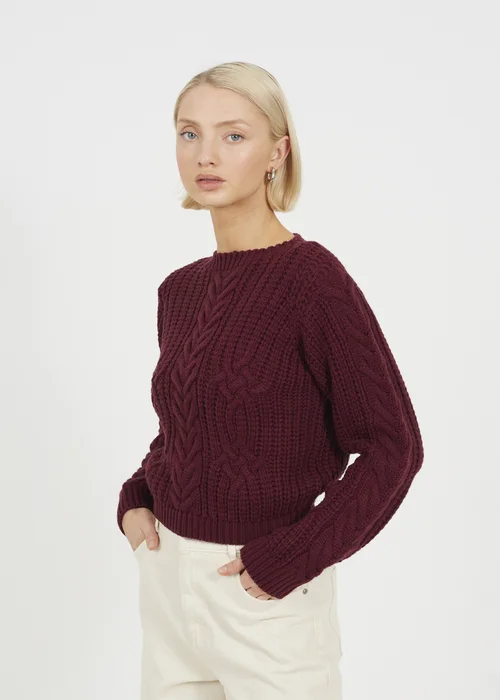 Brave Soul Burgundy Crew Neck Cable Knit Jumper - XS Image 1