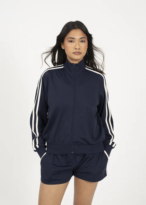 Brave Soul Navy Side Stripe Zip Through Sweatshirt - M Image 1