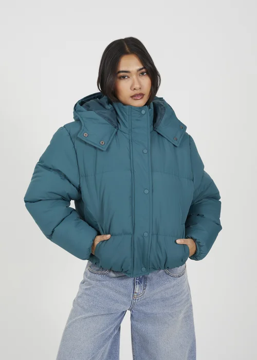 Brave Soul Teal Oversized Hooded Short Puffer Jacket - 16 Image 1